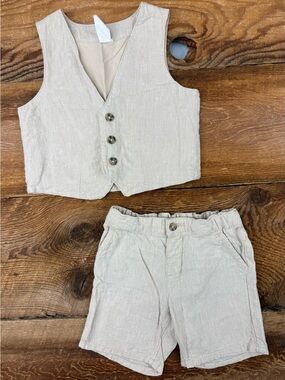 H&M Beige Linen-Blend Vest and Shorts Set